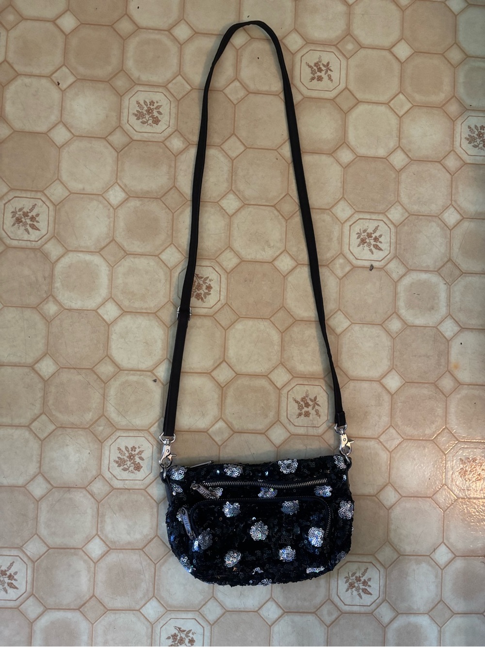 Black Sequin Floral Crossbody Bag